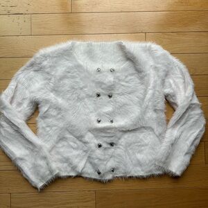 White Faux Fur Sweater with Heart Buttons